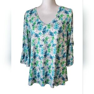 Ninexis Floral V-Neck Top  Blue Green And White 3/4 Open Bell Sleeve Size XL